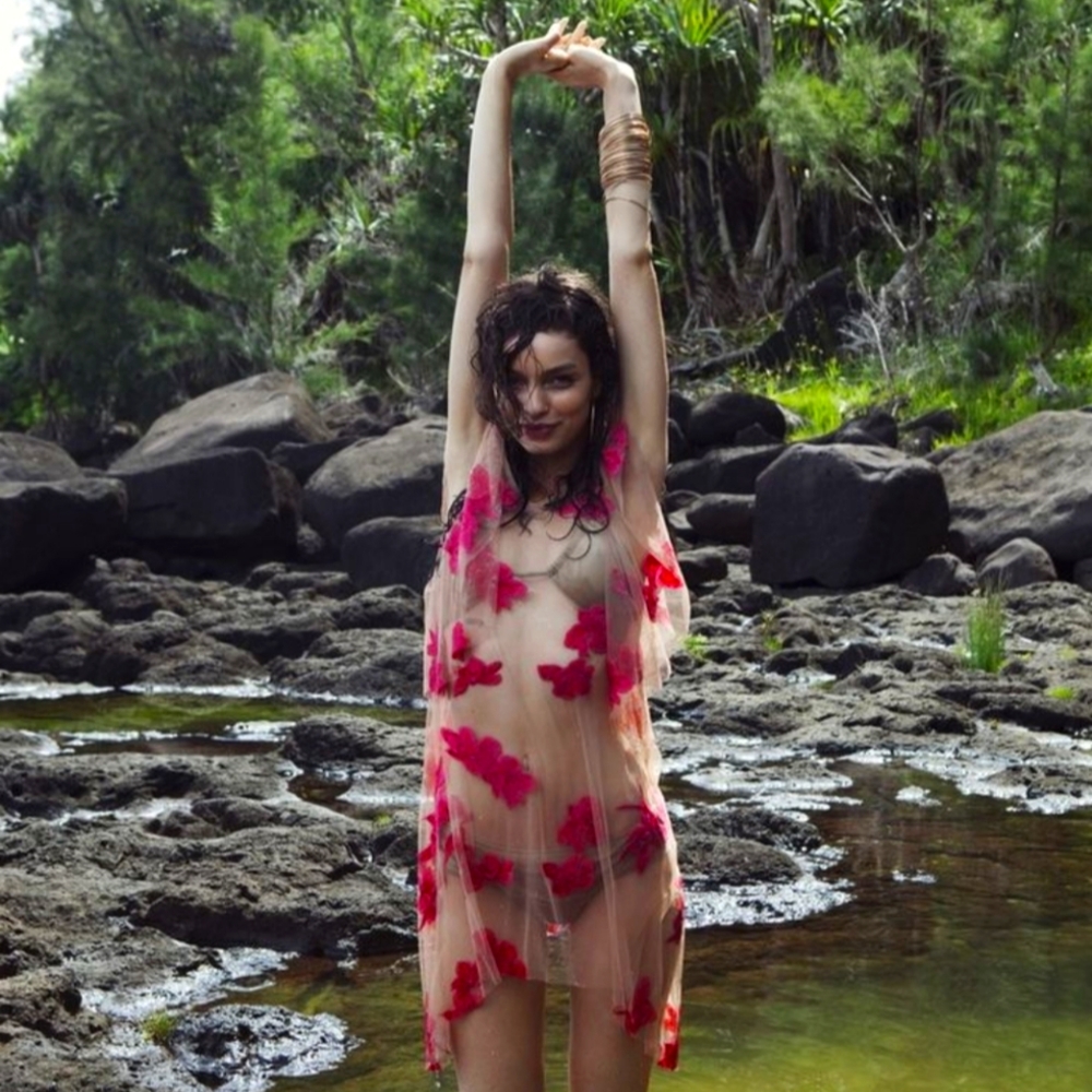 $300 For Love & Lemons Pink Orchid Paradise Sheer Mini Coverup Dress